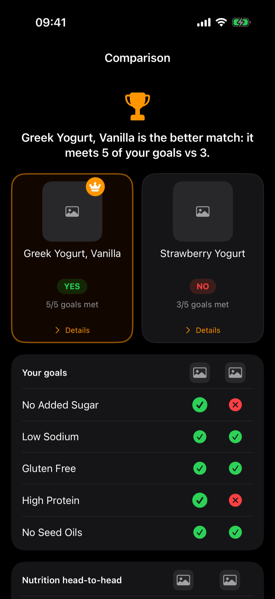 NutriGoalCheck comparison screen showing two products side by side, with the better match for the user's goals highlighted.
