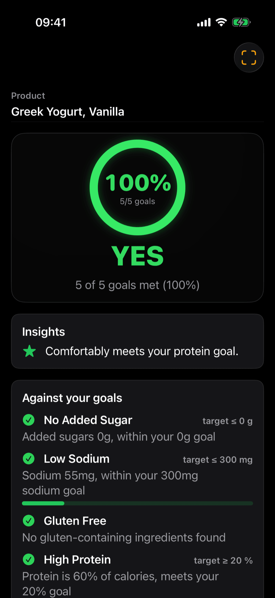 NutriGoalCheck verdict screen showing a green Yes result, with the reasons the product matched the user's goals.